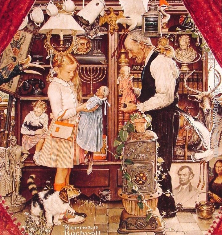 Norman Rockwell April Fool Girl with Shopkeeper